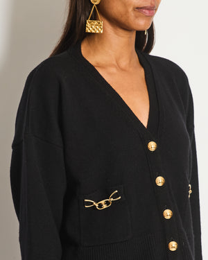 Celine Black Cashmere Cropped Long Sleeve Cardigan with Gold Triomphe Logo Details Size Small UK 8 RRP £1400