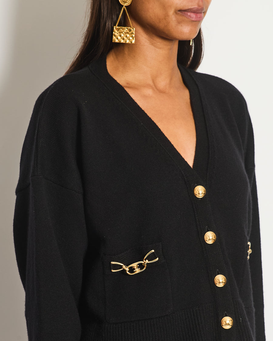 Celine Black Cashmere Cropped Long Sleeve Cardigan with Gold Triomphe Logo Details Size Small UK 8 RRP £1400