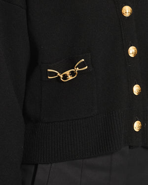 Celine Black Cashmere Cropped Long Sleeve Cardigan with Gold Triomphe Logo Details Size Small UK 8 RRP £1400