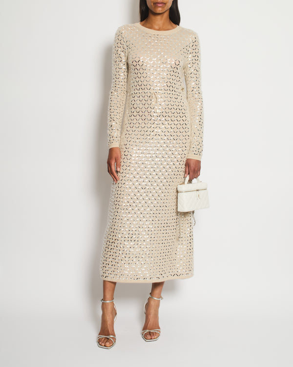 Chanel Cream Angora & Silk Long Sleeve Maxi Dress with Silver Metallic Detail & Drawstring Waist Size FR 34 (UK 6)