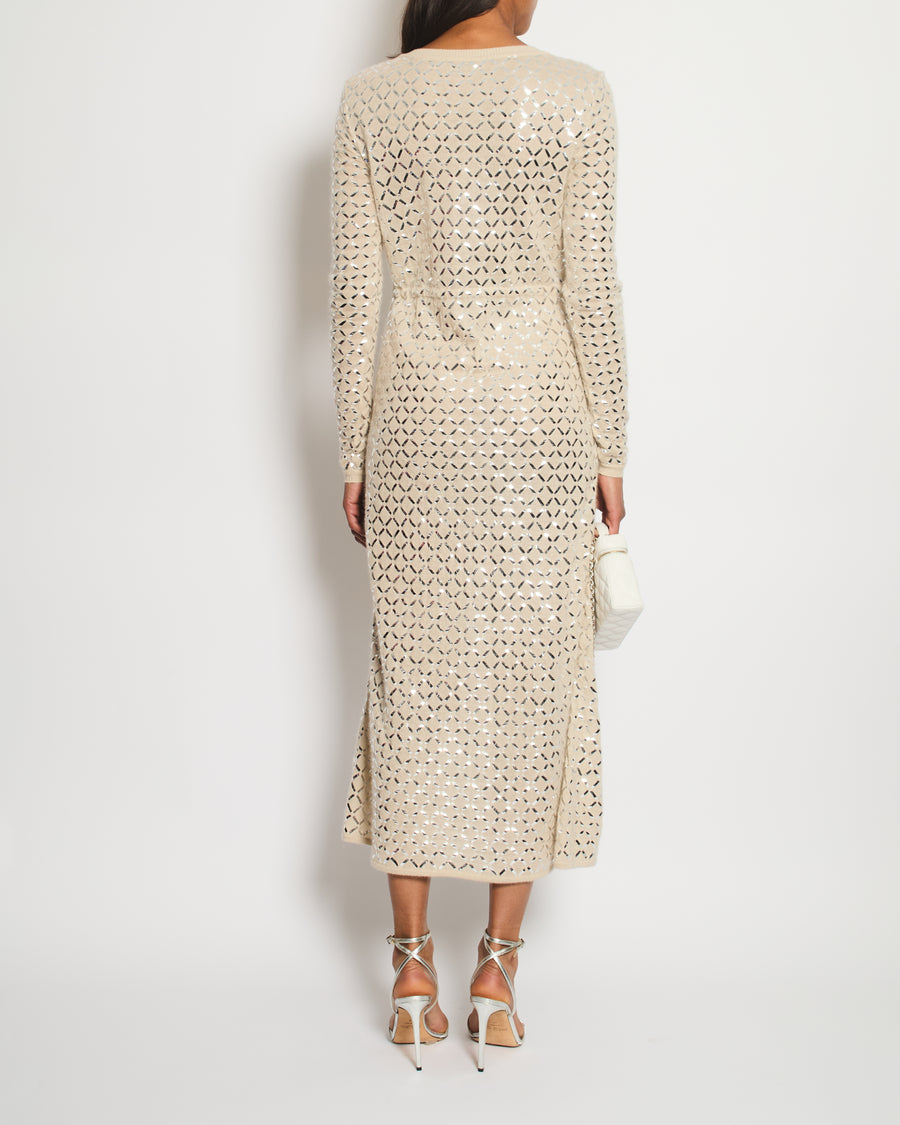 Chanel Cream Angora & Silk Long Sleeve Maxi Dress with Silver Metallic Detail & Drawstring Waist Size FR 34 (UK 6)