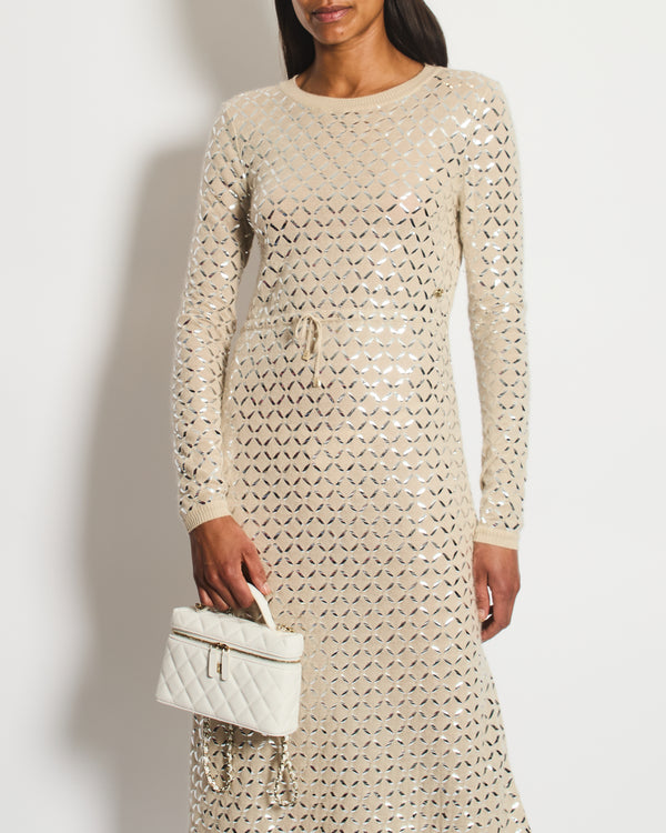 Chanel Cream Angora & Silk Long Sleeve Maxi Dress with Silver Metallic Detail & Drawstring Waist Size FR 34 (UK 6)