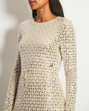 Chanel Cream Angora & Silk Long Sleeve Maxi Dress with Silver Metallic Detail & Drawstring Waist Size FR 34 (UK 6)