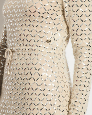 Chanel Cream Angora & Silk Long Sleeve Maxi Dress with Silver Metallic Detail & Drawstring Waist Size FR 34 (UK 6)
