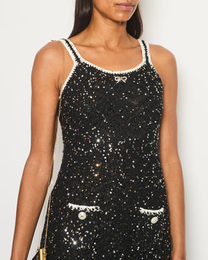 Chanel SS/23 Black Sequin Embellished Mini Dress with Bow and CC Crystal Buttons Details Size FR 36 (UK 8)