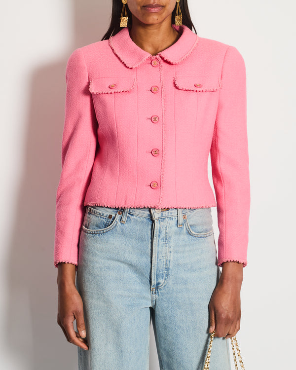 Chanel SS/97 Vintage Candy Pink Tweed Jacket with Collar Detail and Gold CC Buttons FR 40 (UK 12)