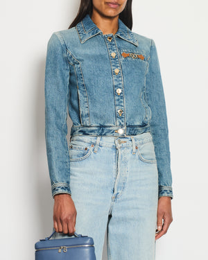 Louis Vuitton Blue Cropped Denim Jacket with Gold Logo Detail and Gold Buttons RRP £2,110 Size FR 34 (UK 6)