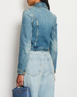 Louis Vuitton Blue Cropped Denim Jacket with Gold Logo Detail and Gold Buttons RRP £2,110 Size FR 34 (UK 6)
