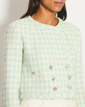 Chanel White and Blue Tweed Jacket With Crystal Buttons Details Size FR 34 (UK 6)