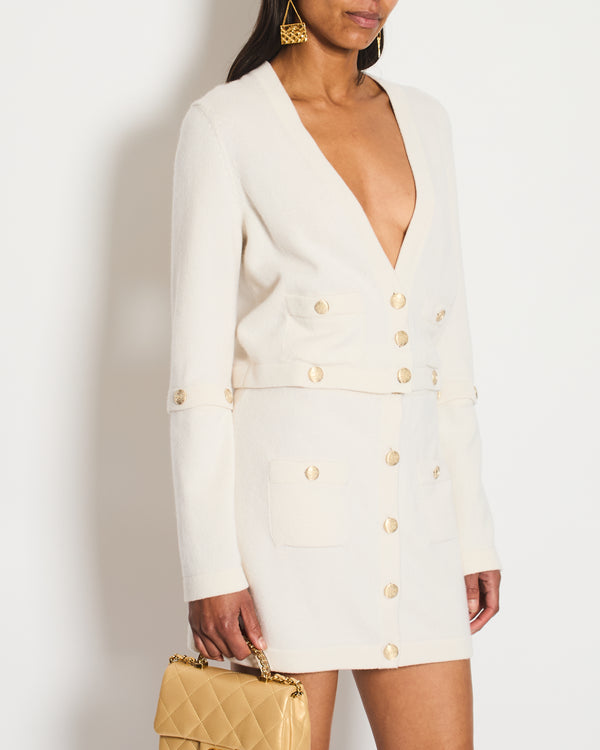 Chanel White Long-Line Cashmere Dress with Gold CC Buttons Detail Size FR 36 (UK 8)