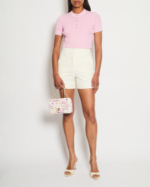 Chanel 24/C Pink and White Short Sleeve Striped Knit T-Shirt With Silver CC Logo Detail Size FR 38 (UK 10)