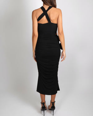 Magda Butrym Black Ruched Maxi Dress with Cut Outs and Rose Appliques Size FR 36 (UK 8)