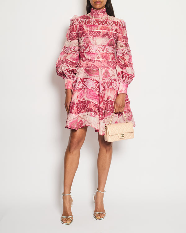 Zimmermann Pink Silk Abstract Printed Long-Sleeve Mini Dress Size 0 (UK 8)