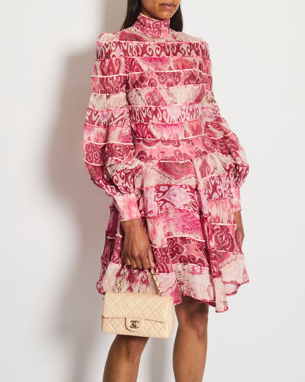 Zimmermann Pink Silk Abstract Printed Long-Sleeve Mini Dress Size 0 (UK 8)
