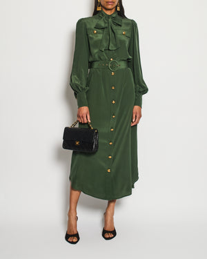 Zimmermann Green Neck-Tie Long Sleeve Belted Midi Dress with Gold Button Details Size 1 (UK 10)