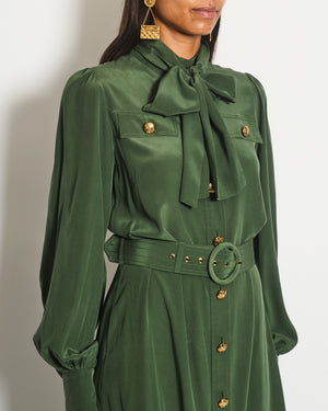 Zimmermann Green Neck-Tie Long Sleeve Belted Midi Dress with Gold Button Details Size 1 (UK 10)