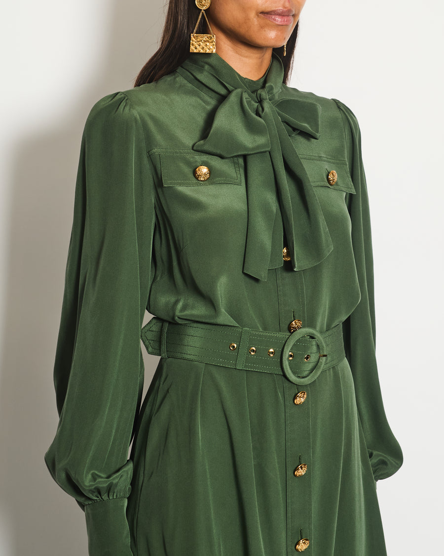 Zimmermann Green Neck-Tie Long Sleeve Belted Midi Dress with Gold Button Details Size 1 (UK 10)