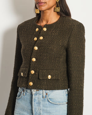 Celine Khaki Green Cropped Jacket with Gold Crest Button Details Size FR 34 (UK 6)