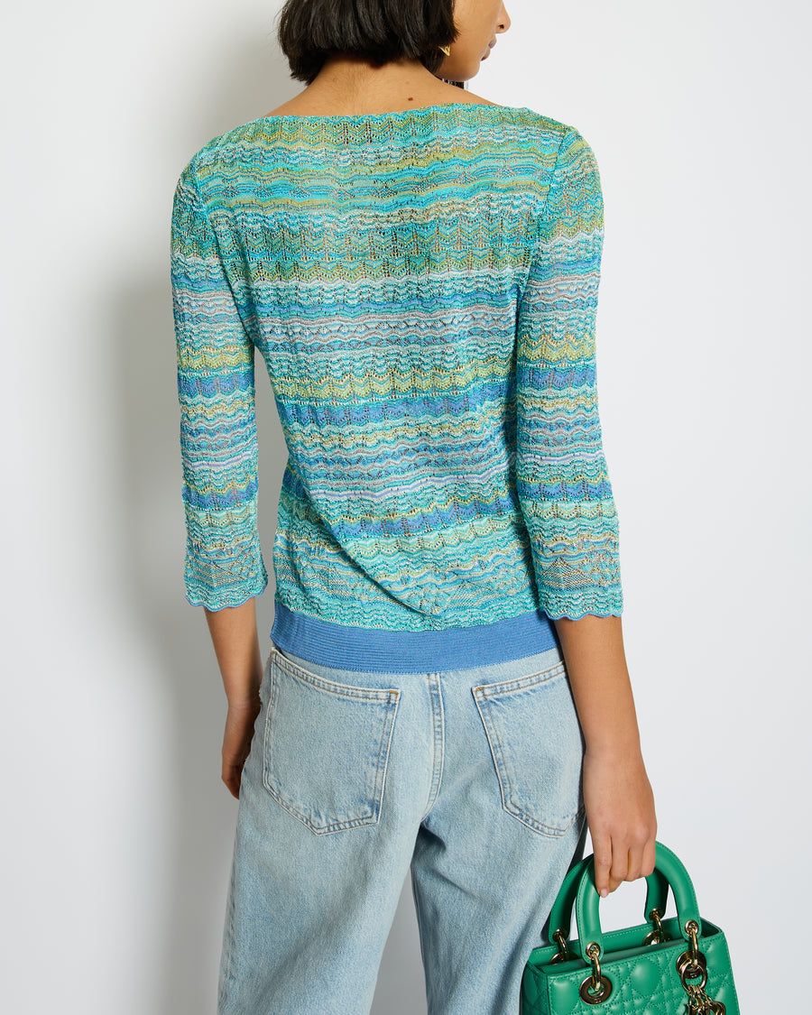 Missoni Blue and Green Metallic Long Sleeve Top Size UK 8/10