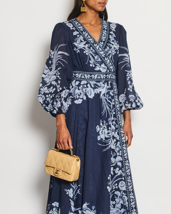 Zimmermann Navy Floral Printed Maxi Dress with Belt Detail Size 3 (UK 12/14)