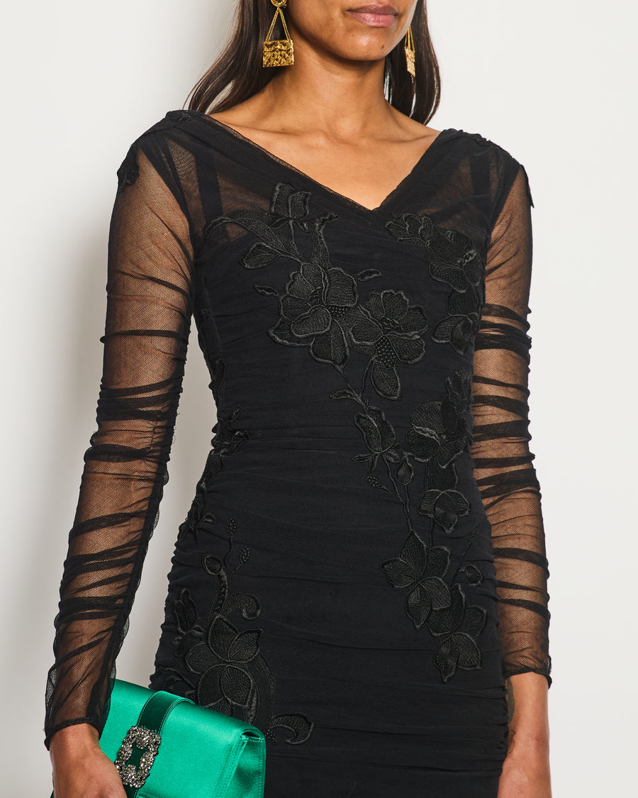 Dolce & Gabbana Black Tulle Long-Sleeve Mini Dress with Floral Embroideries Size IT 36 (UK 4) RRP £1,800