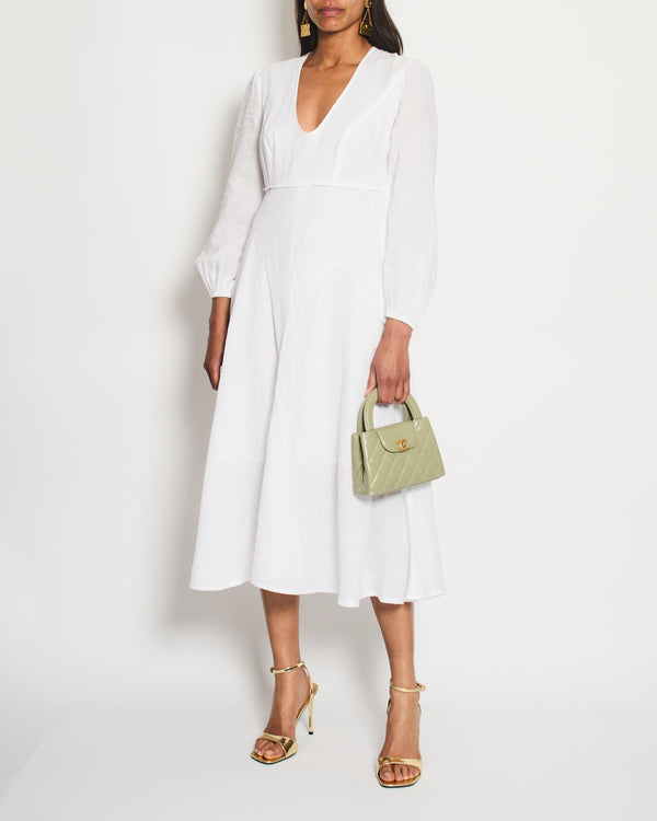 Zimmermann White Linen V-Neck Long-Sleeve Midi Dress Size 2 (UK 10/12)
