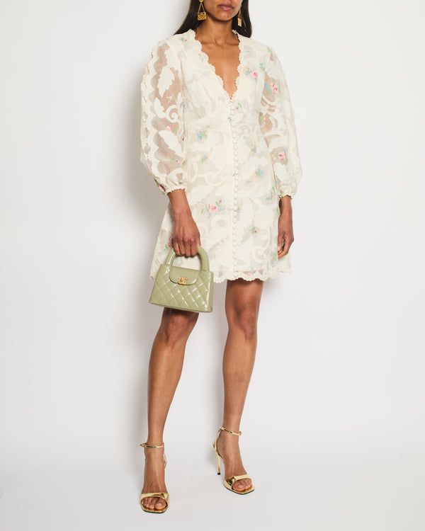 Zimmermann White Zinnia Floral-Appliqué Organza Mini Dress Size 1 (UK 10) RRP £980
