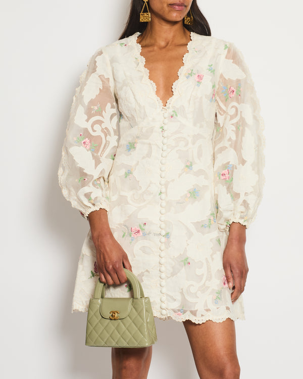 Zimmermann White Zinnia Floral-Appliqué Organza Mini Dress Size 1 (UK 10) RRP £980