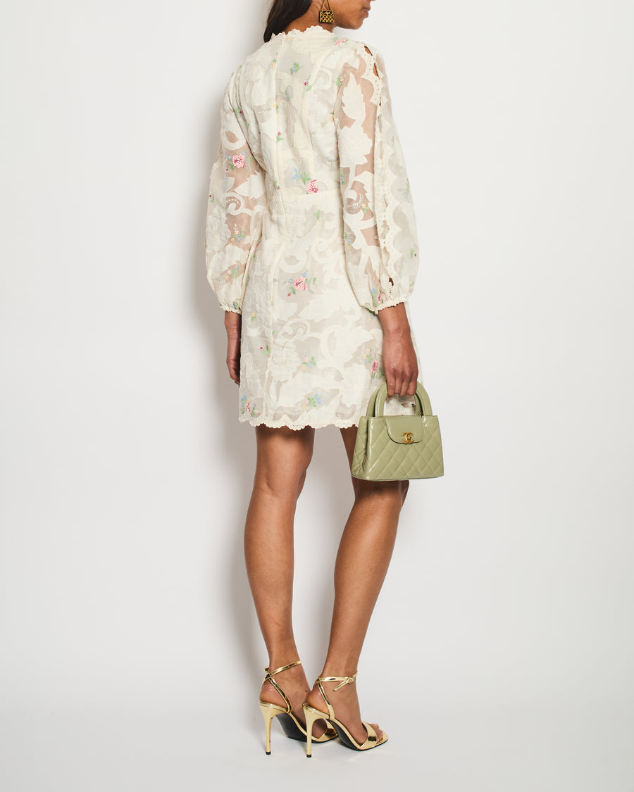 Zimmermann White Zinnia Floral-Appliqué Organza Mini Dress Size 1 (UK 10) RRP £980