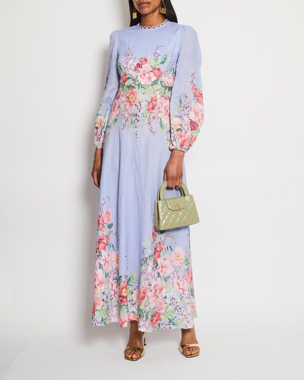 Zimmermann Lilac Linen Long-Sleeve Maxi Dress with Pink Floral Prints Size 1 (UK 10)