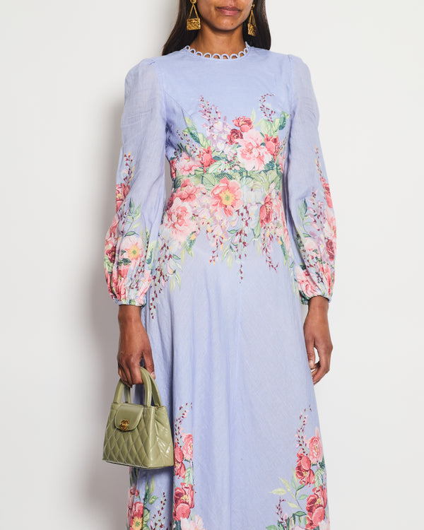 Zimmermann Lilac Linen Long-Sleeve Maxi Dress with Pink Floral Prints Size 1 (UK 10)