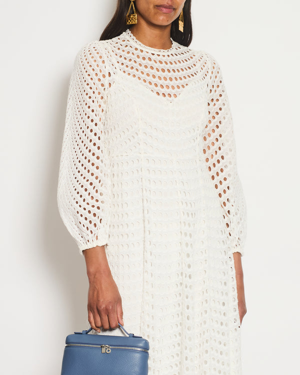 Zimmermann White Cotton Long-Sleeve Perforated Midi Dress Size 1 (UK 10)