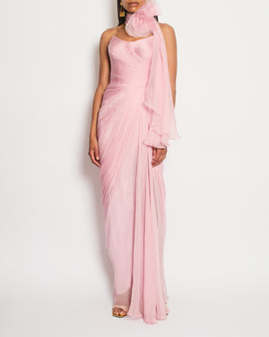 Iris Serban Pink Chiffon Anette Maxi Gown with Ruched Bodice and Skirt and Floral Neck Tie Size FR 36 (UK 8) RRP £2,249