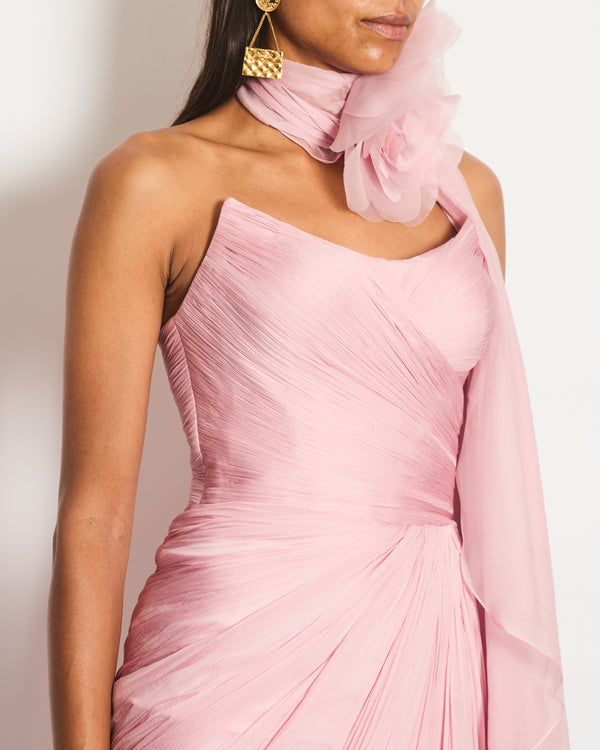 Iris Serban Pink Chiffon Anette Maxi Gown with Ruched Bodice and Skirt and Floral Neck Tie Size FR 36 (UK 8) RRP £2,249