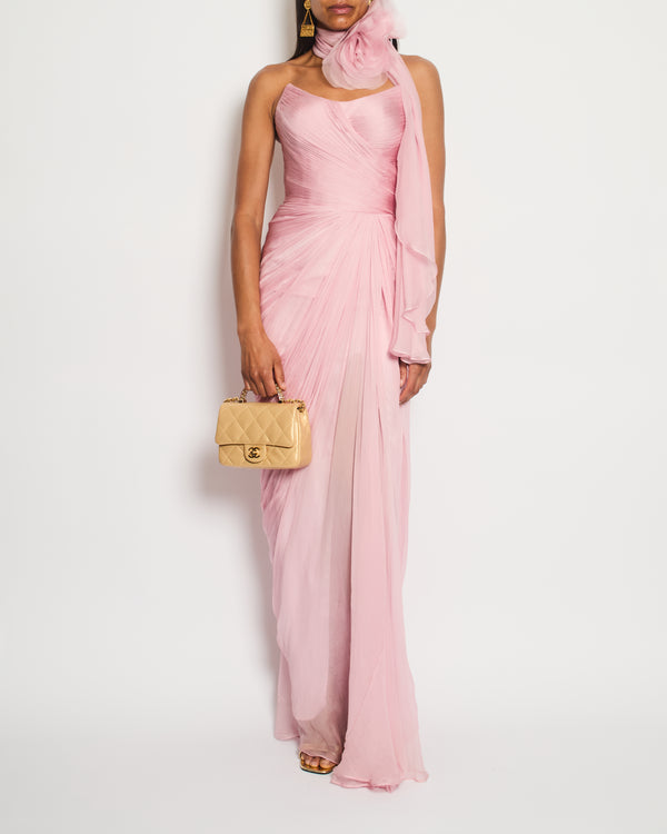 Iris Serban Pink Chiffon Anette Maxi Gown with Ruched Bodice and Skirt and Floral Neck Tie Size FR 36 (UK 8) RRP £2,249