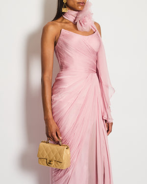 Iris Serban Pink Chiffon Anette Maxi Gown with Ruched Bodice and Skirt and Floral Neck Tie Size FR 36 (UK 8) RRP £2,249