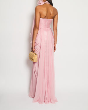 Iris Serban Pink Chiffon Anette Maxi Gown with Ruched Bodice and Skirt and Floral Neck Tie Size FR 36 (UK 8) RRP £2,249