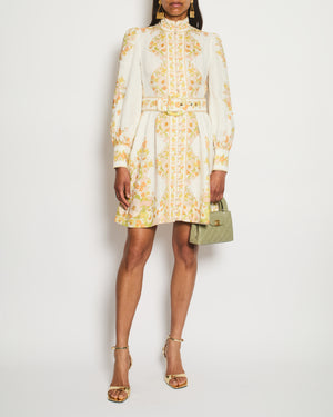 Zimmermann White Linen Long Sleeve Belted Mini Dress with Yellow and Orange Floral Print Detail Size 0 (UK 8)