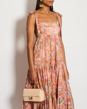 Zimmermann Brown Linen Sleeveless Maxi Dress with Floral Print Detail Size 0 (UK 8)