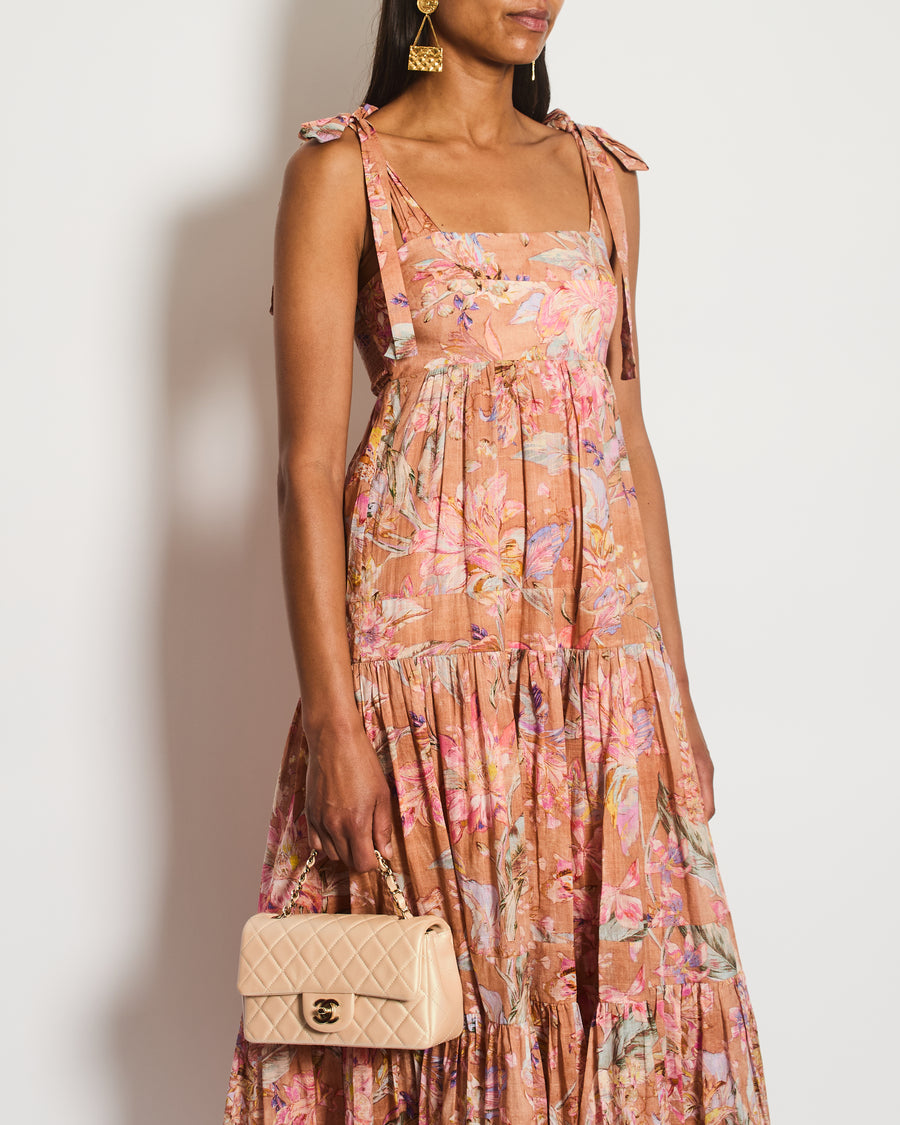 Zimmermann Brown Linen Sleeveless Maxi Dress with Floral Print Detail Size 0 (UK 8)