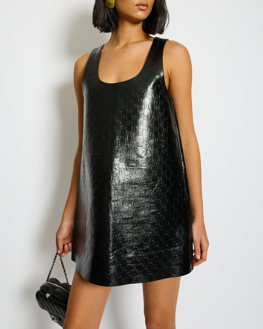 Gucci Black Crinkled GG Embossed Patent Leather Sleeveless Mini Dress Size IT 40 (UK 8)