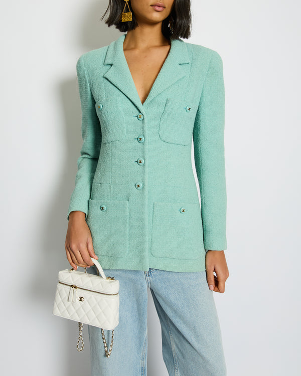 Chanel Tiffany Blue Tweed Jacket with Blue and Gold CC Button Details Size FR 40 (UK 12)