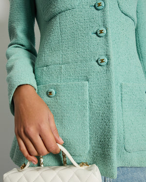 Chanel Tiffany Blue Tweed Jacket with Blue and Gold CC Button Details Size FR 40 (UK 12)