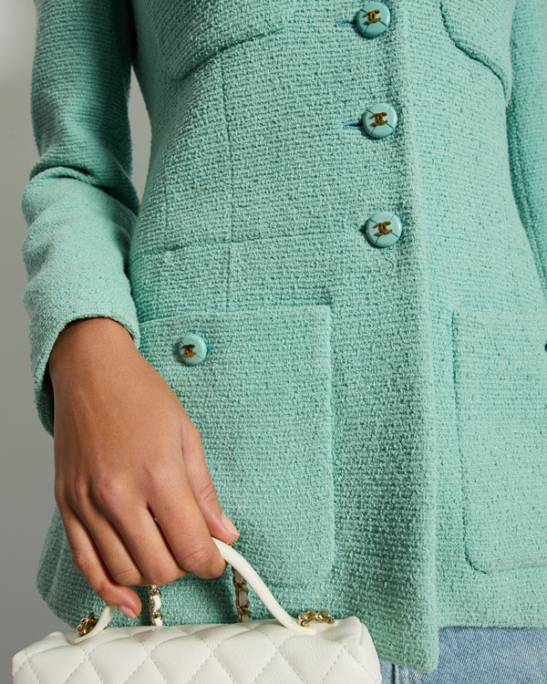 Chanel Tiffany Blue Tweed Jacket with Blue and Gold CC Button Details Size FR 40 (UK 12)