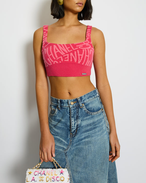 Chanel 21N Hot Pink Cashmere Cropped Top with Logo Details Size FR 34 (UK 6)