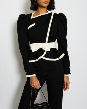 Alessandra Rich Black Wool Peplum Jacket with Removable White Bow Detail Size IT 38 (UK 6) RRP £1,020