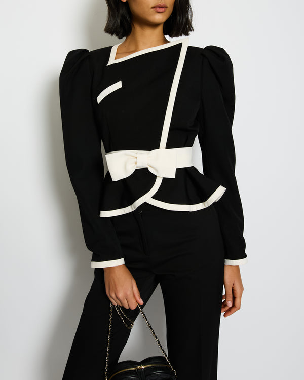 Alessandra Rich Black Wool Peplum Jacket with Removable White Bow Detail Size IT 38 (UK 6) RRP £1,020