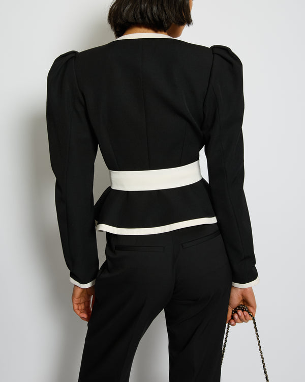 Alessandra Rich Black Wool Peplum Jacket with Removable White Bow Detail Size IT 38 (UK 6) RRP £1,020