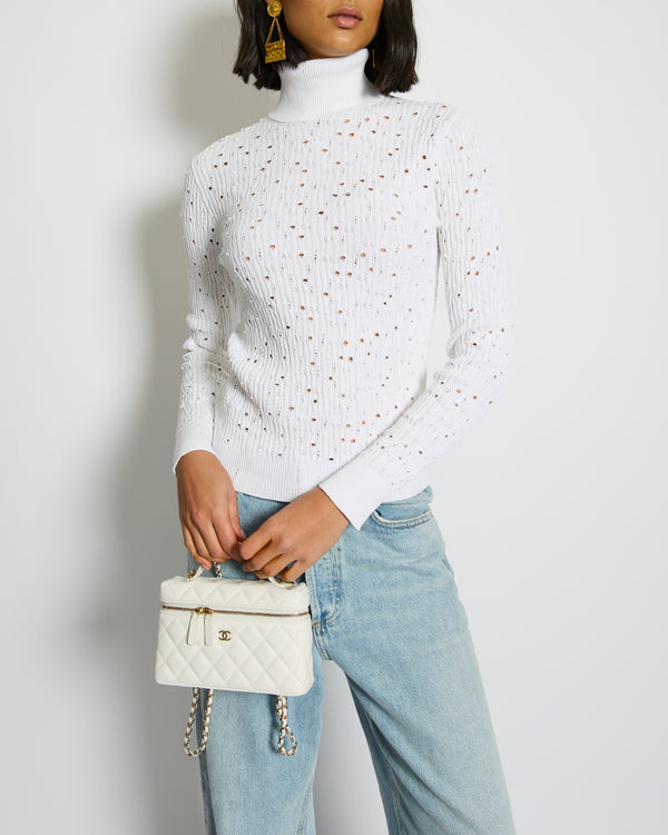 Chanel 22C White Perforated High Neck Jumper with CC Logo Detail Size FR 34 (UK 6) RRP £1,900