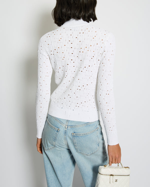 Chanel 22C White Perforated High Neck Jumper with CC Logo Detail Size FR 34 (UK 6) RRP £1,900